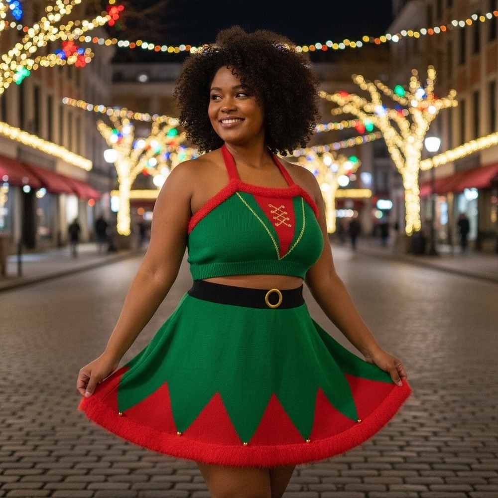 No Boundaries Elf Costume Set Women XL/XXXL Green Red Knit Faux Fur Jingle Bells